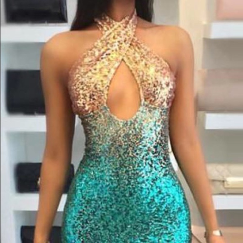 Sequined gold and blue dress